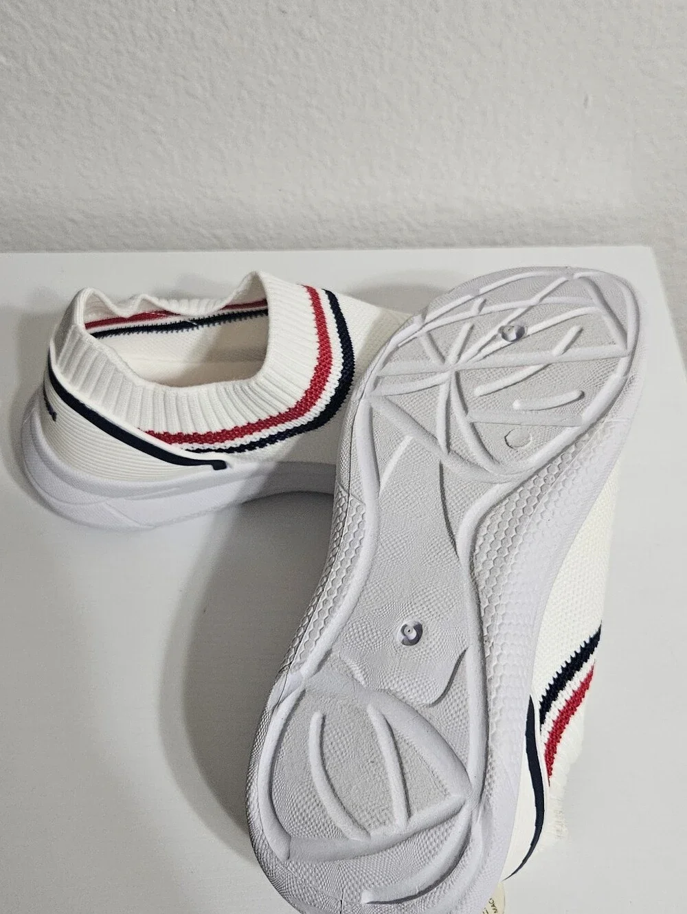 Danskin White Slip-On Knit Sneakers with Red & Navy Stripes